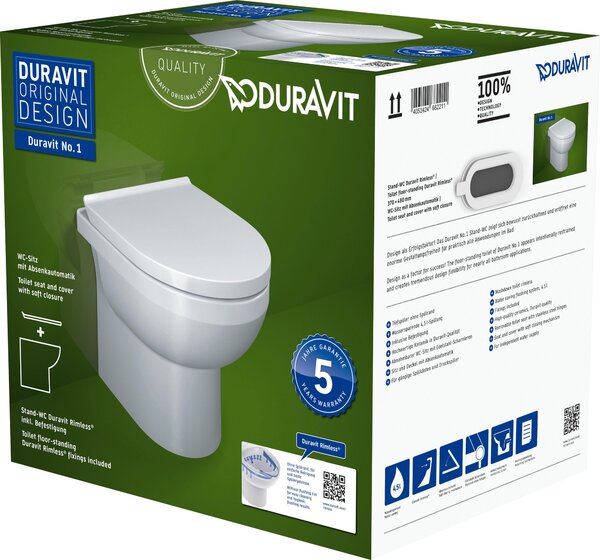 Stojící WC DURAVIT DuraStyle otevřený splachovací kruh bílá vč. WC prkénka 41840900