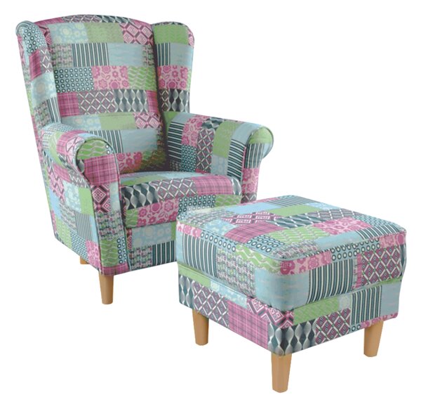 KONDELA Křeslo ušák s taburetem, látka patchwork M1, ASTRID