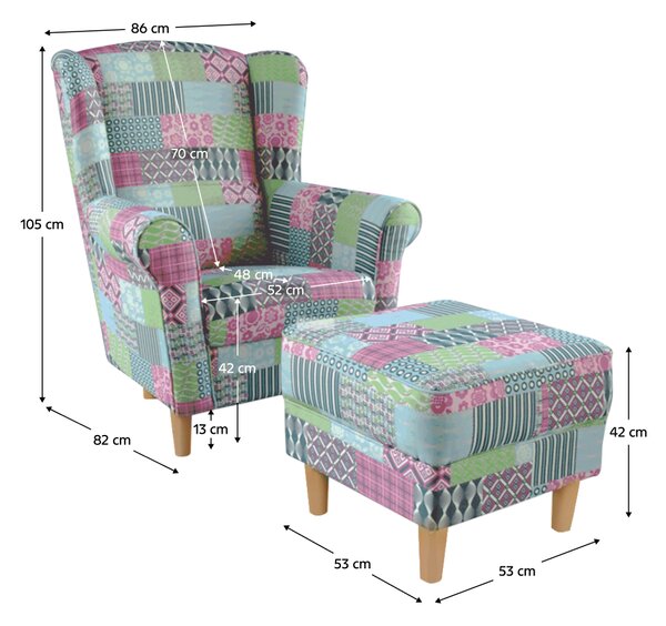KONDELA Křeslo ušák s taburetem, látka patchwork M1, ASTRID