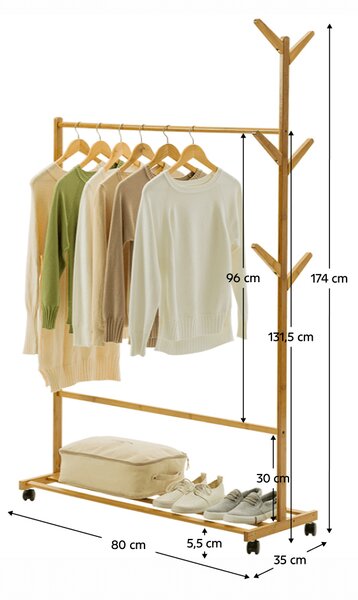 KONDELA Pojízdný věšák, bambus, šířka 80cm, VIKIR TYP 2