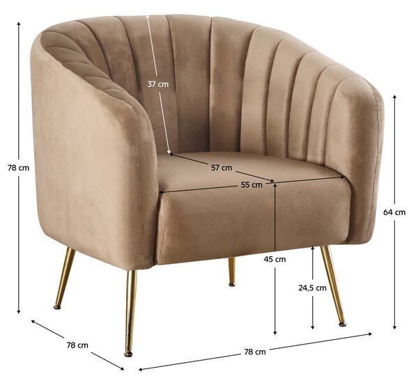KONDELA Designové křeslo, hnědá Velvet látka/gold chrom-zlatý, BAGY