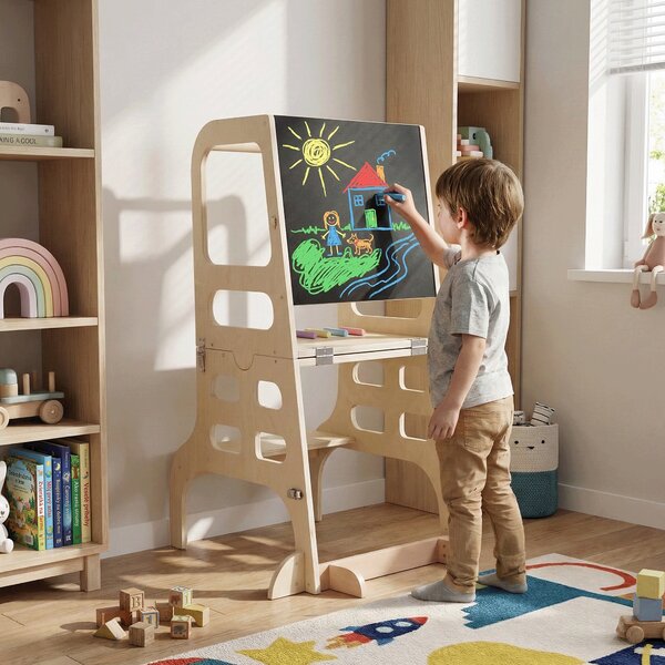 KONDELA Montessori učící věž 3v1 s tabulí, přírodní, MAGAN