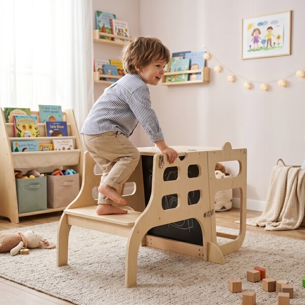 KONDELA Montessori učící věž 3v1 s tabulí, přírodní, MAGAN