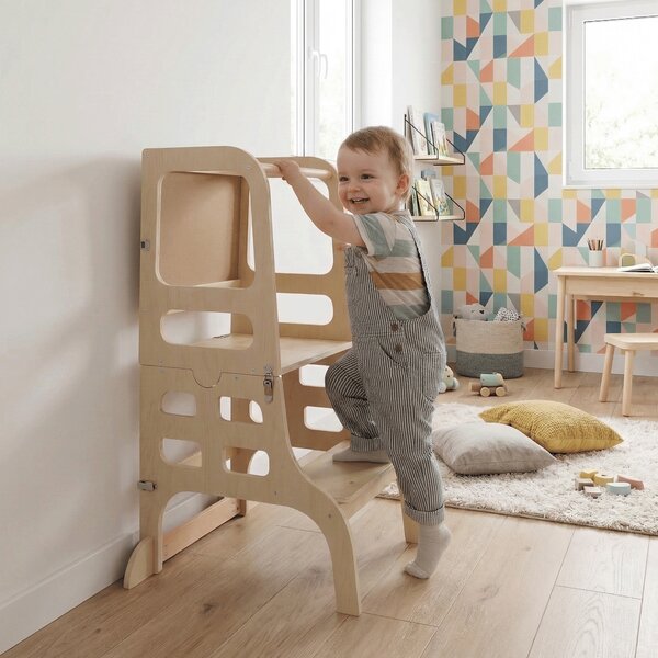 KONDELA Montessori učící věž 3v1 s tabulí, přírodní, MAGAN