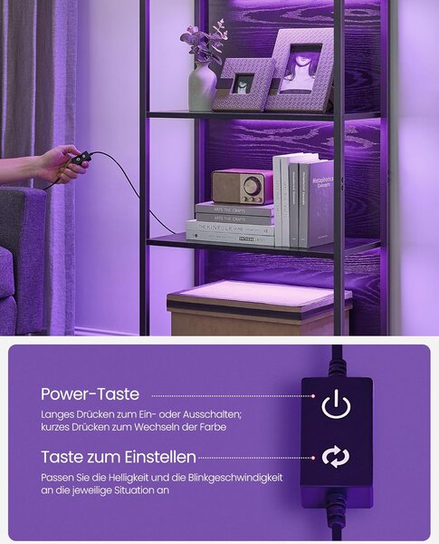 VASAGLE Regál s LED osvětlením polic 60 x 179 x 30 cm černý