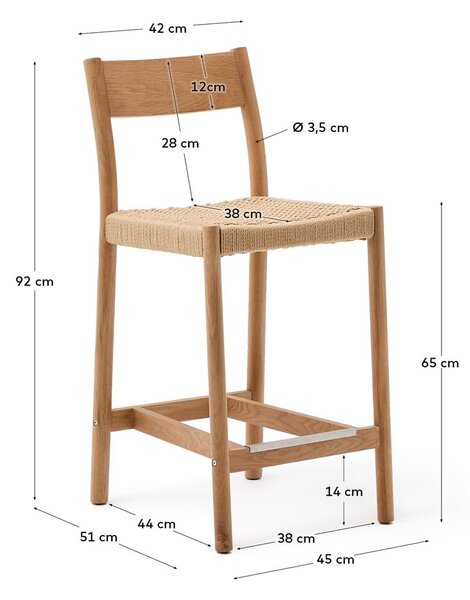 Barová židle z dubového dřeva v přírodní barvě (výška sedáku 65 cm) Yalia – Kave Home