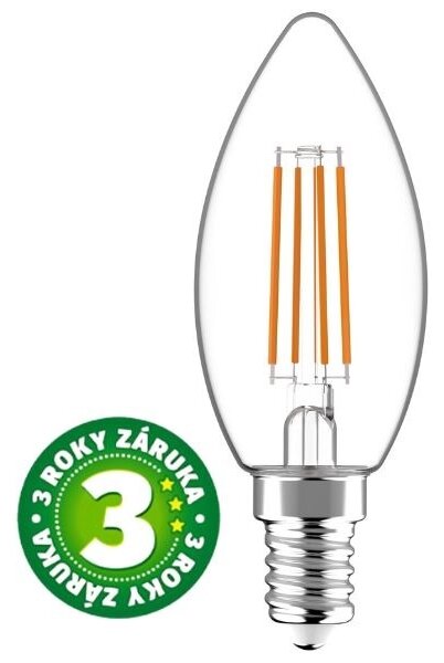 Prémiová retro LED žárovka svíčka E14 4,5W 470lm teplá, filament, ekv. 40W, 3 roky