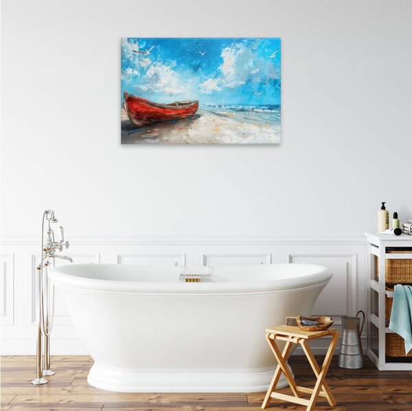 Obraz na plátně - Červený člun na pláži - 120x80 cm