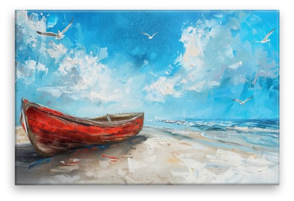 Obraz na plátně - Červený člun na pláži - 120x80 cm