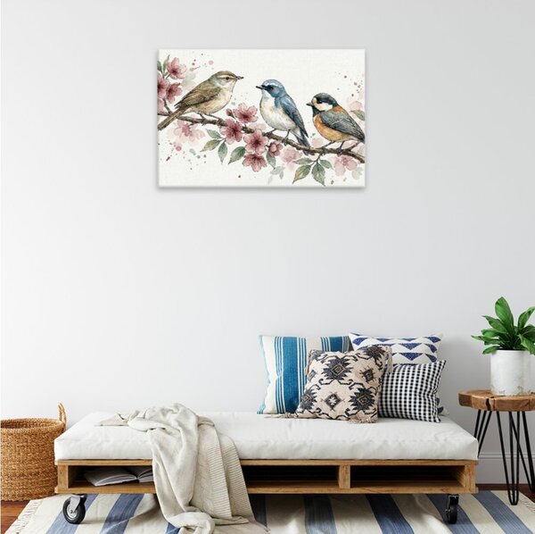 Obraz na plátně - Ptáčci na rozkvetlé větvičce - 120x80 cm