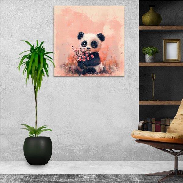 Obraz na plátně - Panda s květinou - 80x80 cm