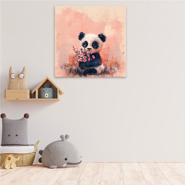 Obraz na plátně - Panda s květinou - 80x80 cm