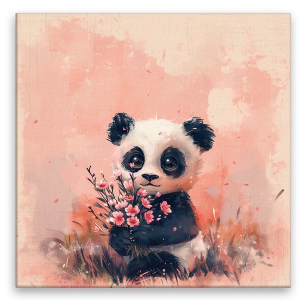 Obraz na plátně - Panda s květinou - 80x80 cm