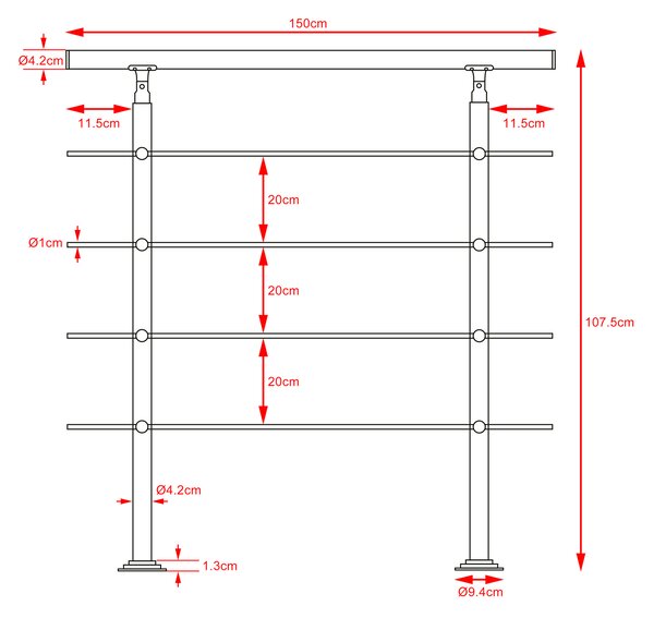 Deuba Schodišťové zábradlí 4 vzpěry - 150cm