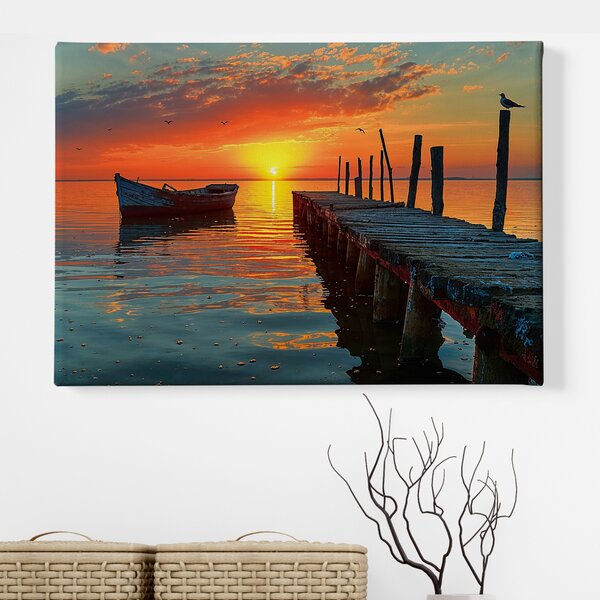 Obraz na plátně - Staré molo s loďkou při západu slunce FeelHappy.cz Velikost obrazu (šířka x výška): 40 x 30 cm