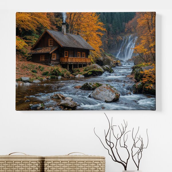 Obraz na plátně - Chatka s podzimními vodopády FeelHappy.cz Velikost obrazu (šířka x výška): 40 x 30 cm