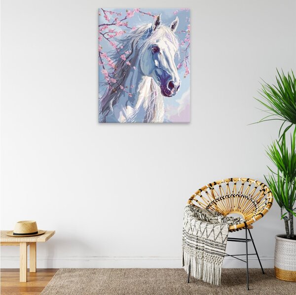 Obraz na plátně - Bílý kůň a sakura - 40x50 cm