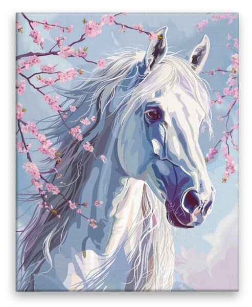 Obraz na plátně - Bílý kůň a sakura - 40x50 cm