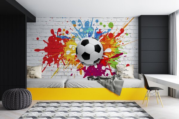 Fototapety Fotbalový míč na pozadí cihlové zdi, Fototapety dětské, Fototapety pro chlapce, u64587 : uwalls.cz
