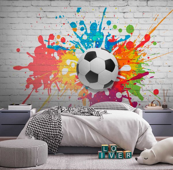Fototapety Fotbalový míč na pozadí cihlové zdi, Fototapety dětské, Fototapety pro chlapce, u64587 : uwalls.cz