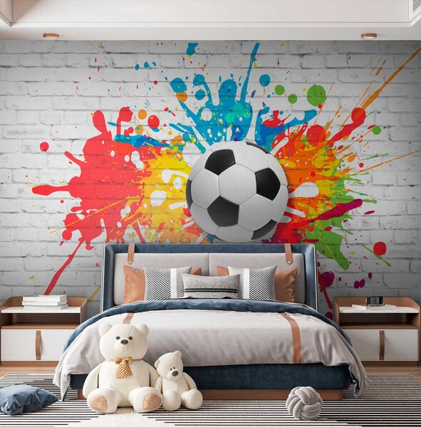 Fototapety Fotbalový míč na pozadí cihlové zdi, Fototapety dětské, Fototapety pro chlapce, u64587 : uwalls.cz