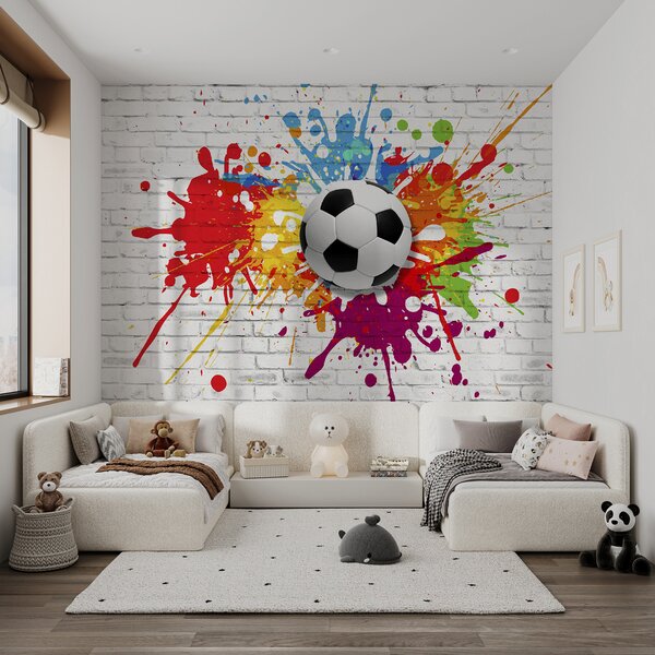 Fototapety Fotbalový míč na pozadí cihlové zdi, Fototapety dětské, Fototapety pro chlapce, u64587 : uwalls.cz