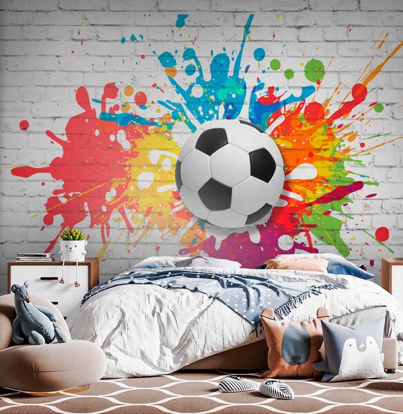 Fototapety Fotbalový míč na pozadí cihlové zdi, Fototapety dětské, Fototapety pro chlapce, u64587 : uwalls.cz