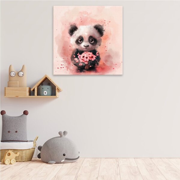 Obraz na plátně - Něžná panda a kytice - 80x80 cm