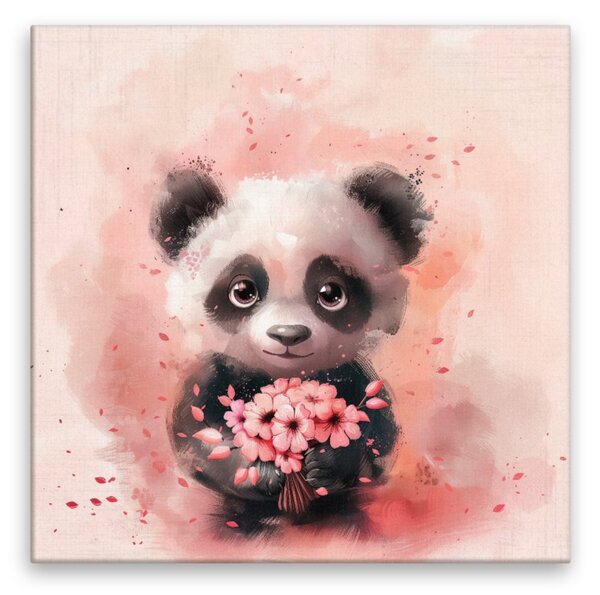 Obraz na plátně - Něžná panda a kytice - 80x80 cm