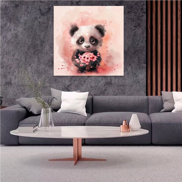 Obraz na plátně - Něžná panda a kytice - 80x80 cm