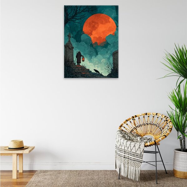 Obraz na plátně - Oranžový měsíc u hřbitova - 30x40 cm