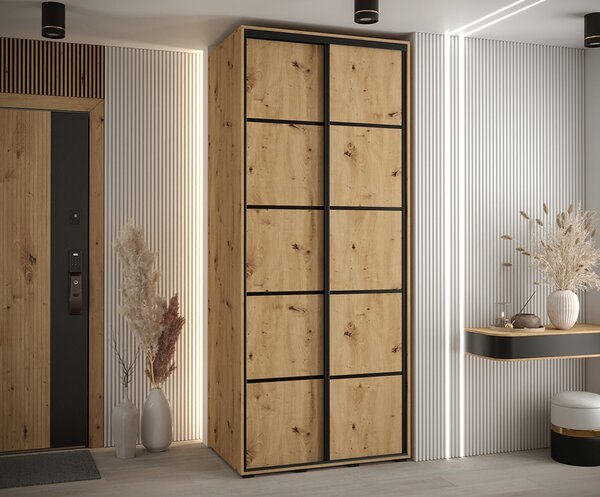 Šatní skříň s posuvnými dveřmi DAVOS 4, 100cm | DUB Artisan / černé pojezdy