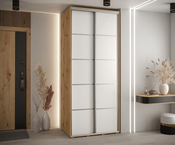Šatní skříň s posuvnými dveřmi DAVOS 4, 100cm | DUB Artisan / bílá / stříbrné