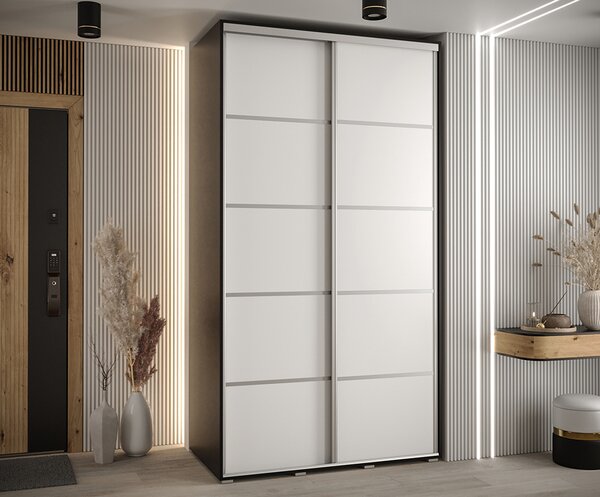 Šatní skříň s posuvnými dveřmi DAVOS 4, 140cm | Černá / bílá / stříbrné pojezdy