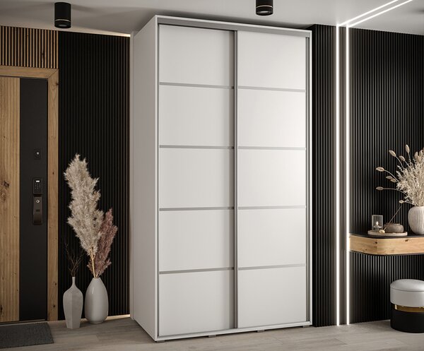 Šatní skříň s posuvnými dveřmi DAVOS 4, 140cm | Bílá / stříbrné pojezdy