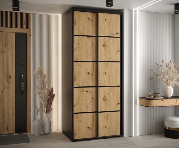 Šatní skříň s posuvnými dveřmi DAVOS 4, 100cm | Černá / DUB Artisan / černé pojezdy
