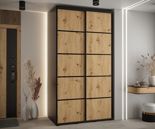 Šatní skříň s posuvnými dveřmi DAVOS 4, 140cm | Černá / DUB Artisan / černé pojezdy