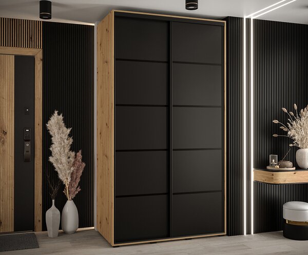 Šatní skříň s posuvnými dveřmi DAVOS 4, 140cm | DUB Artisan / černá / černé pojezdy