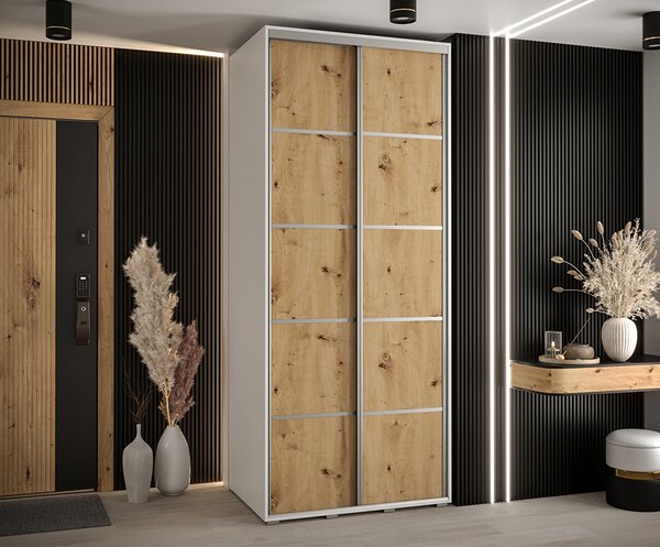 Šatní skříň s posuvnými dveřmi DAVOS 4, 100cm | Bílá / DUB Artisan / stříbrné