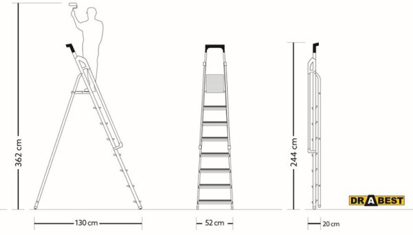 Hliníkové schůdky 8 stupňů s madly DRABEST ALDP+P-8 PRO