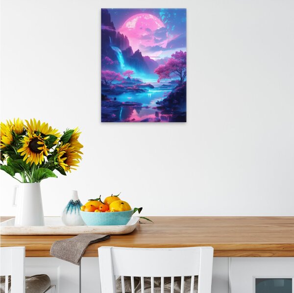 Obraz na plátně - Růžový měsíc a vodopád - 30x40 cm