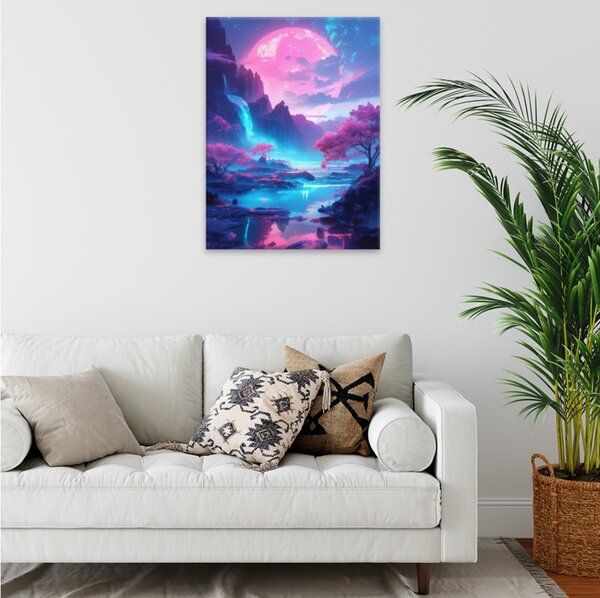 Obraz na plátně - Růžový měsíc a vodopád - 30x40 cm
