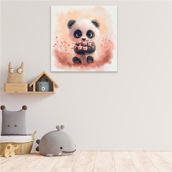 Obraz na plátně - Panda s květinami - 80x80 cm