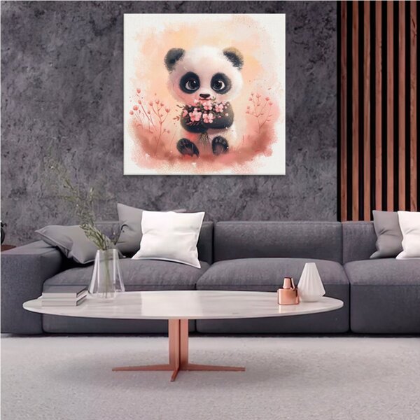 Obraz na plátně - Panda s květinami - 80x80 cm