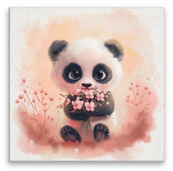Obraz na plátně - Panda s květinami - 80x80 cm