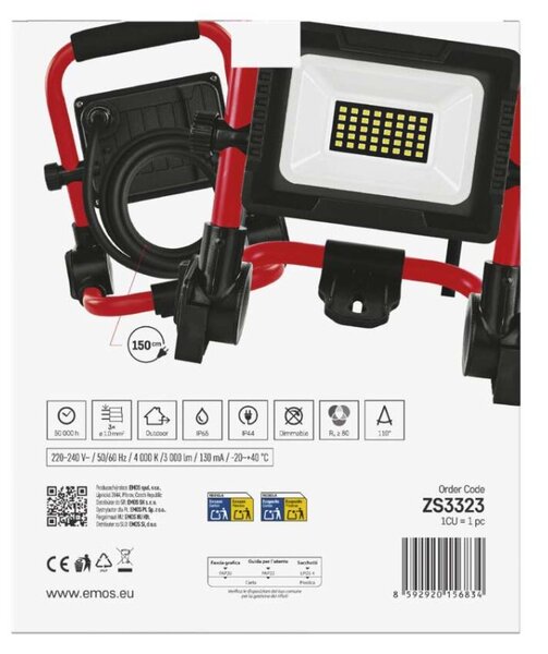 EMOS LED reflektor ELION 20W, červeno-černý, IP65, 3000 lm, neutrální bílá