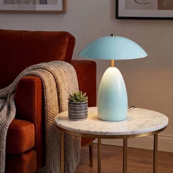 Elstead LED stolní lampa Poppy, světle modrá, výška 35 cm, kovová, stmívatelná, stmívatelný, Modrá, Obývací pokoj / jídelna, Hliník, Vintage