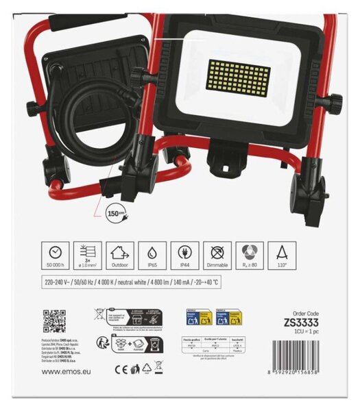 EMOS LED reflektor ELION 30W, červeno-černý, IP65, 4800 lm, neutrální bílá