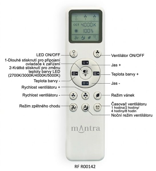 Mantra 8723 Brisa, lopatkový ventilátor s nepřímým osvětlením a dálk. ovladačem LED 20W 2700-5000K, černá/dřevěná, průměr 177cm, IP44