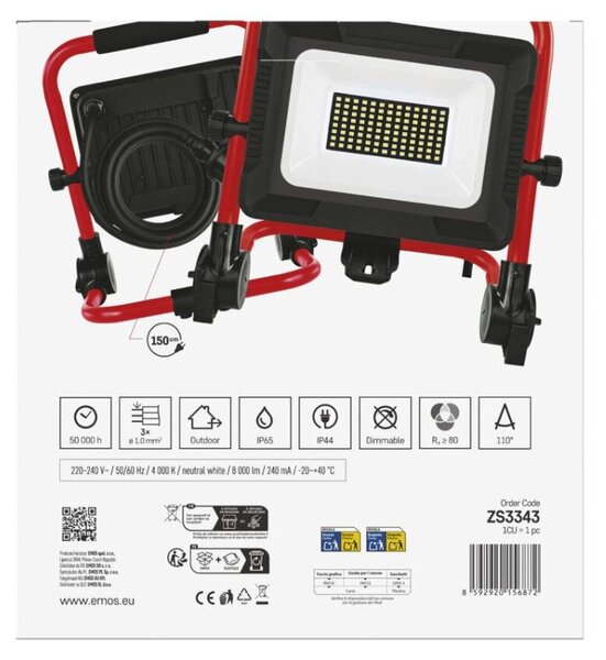 EMOS LED reflektor ELION 50W, červeno-černý, IP65, 8000 lm, neutrální bílá